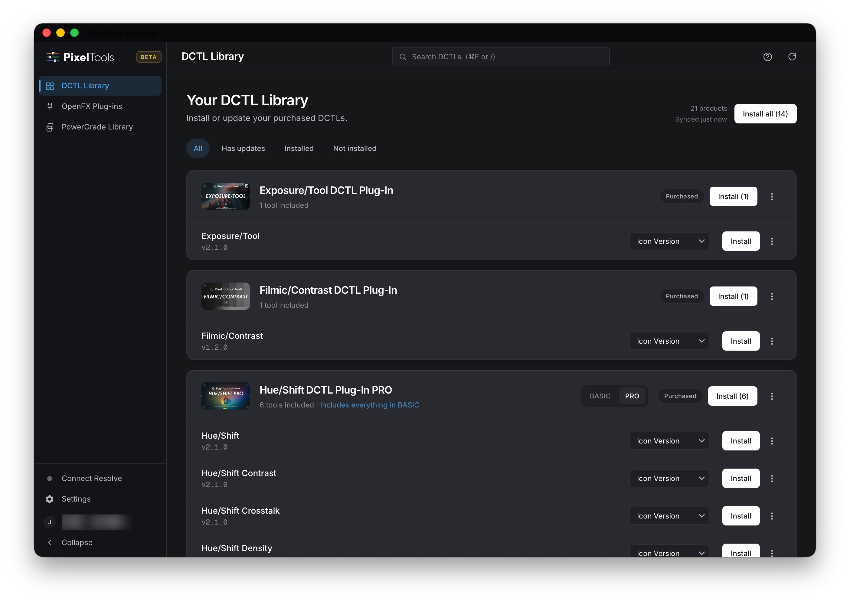 PixelTools Installer showing your PowerGrade collections