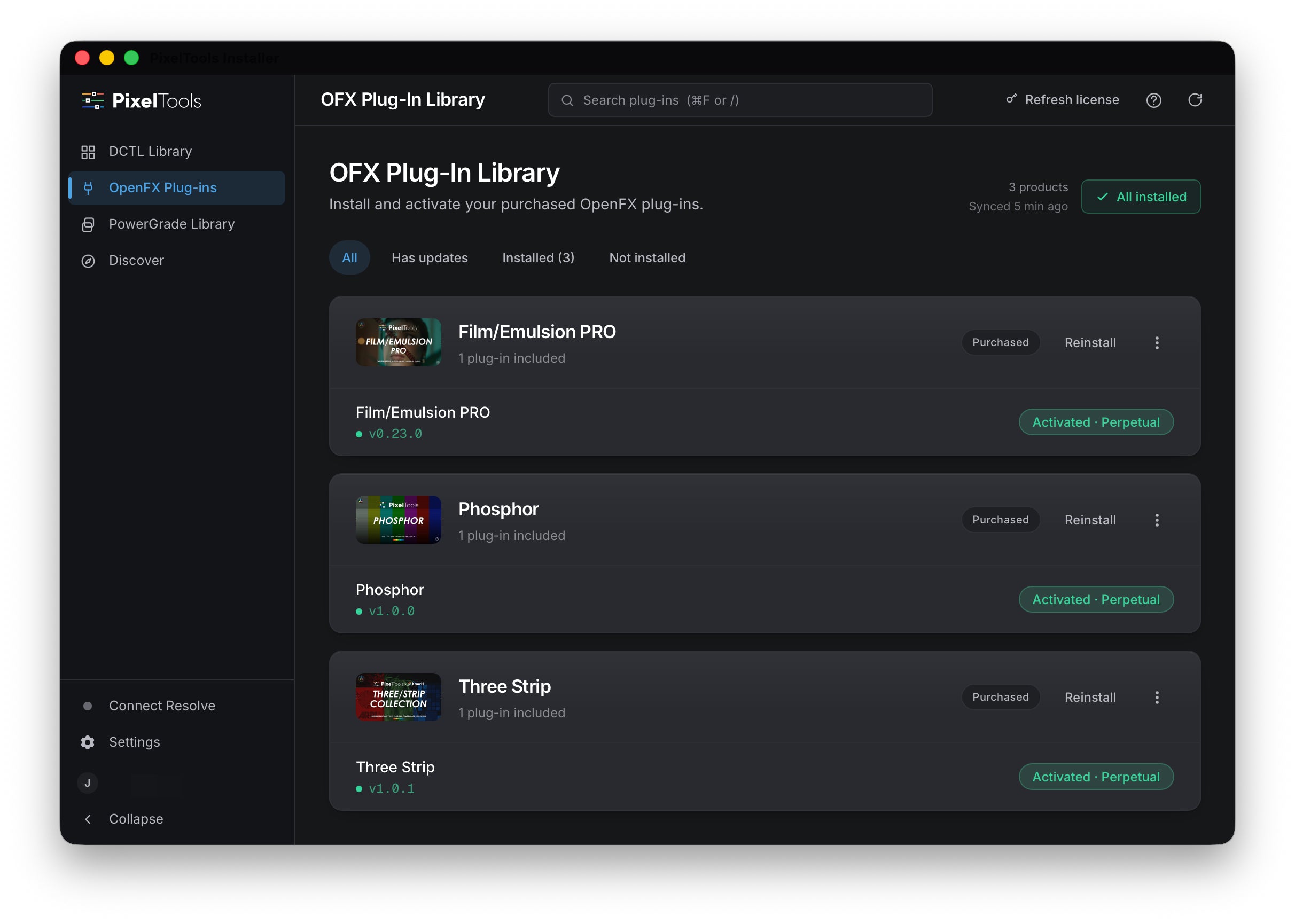 PixelTools Installer showing your PowerGrade collections