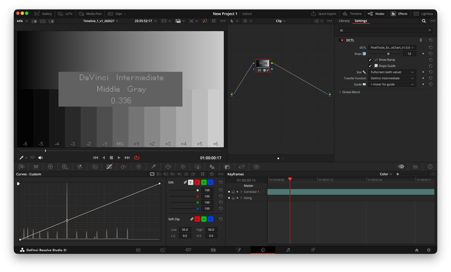 PixelTools ExposureChart DCTL in DaVinci Resolve showing middle gray (0.336) for DaVinci Intermediate with the stops ramp