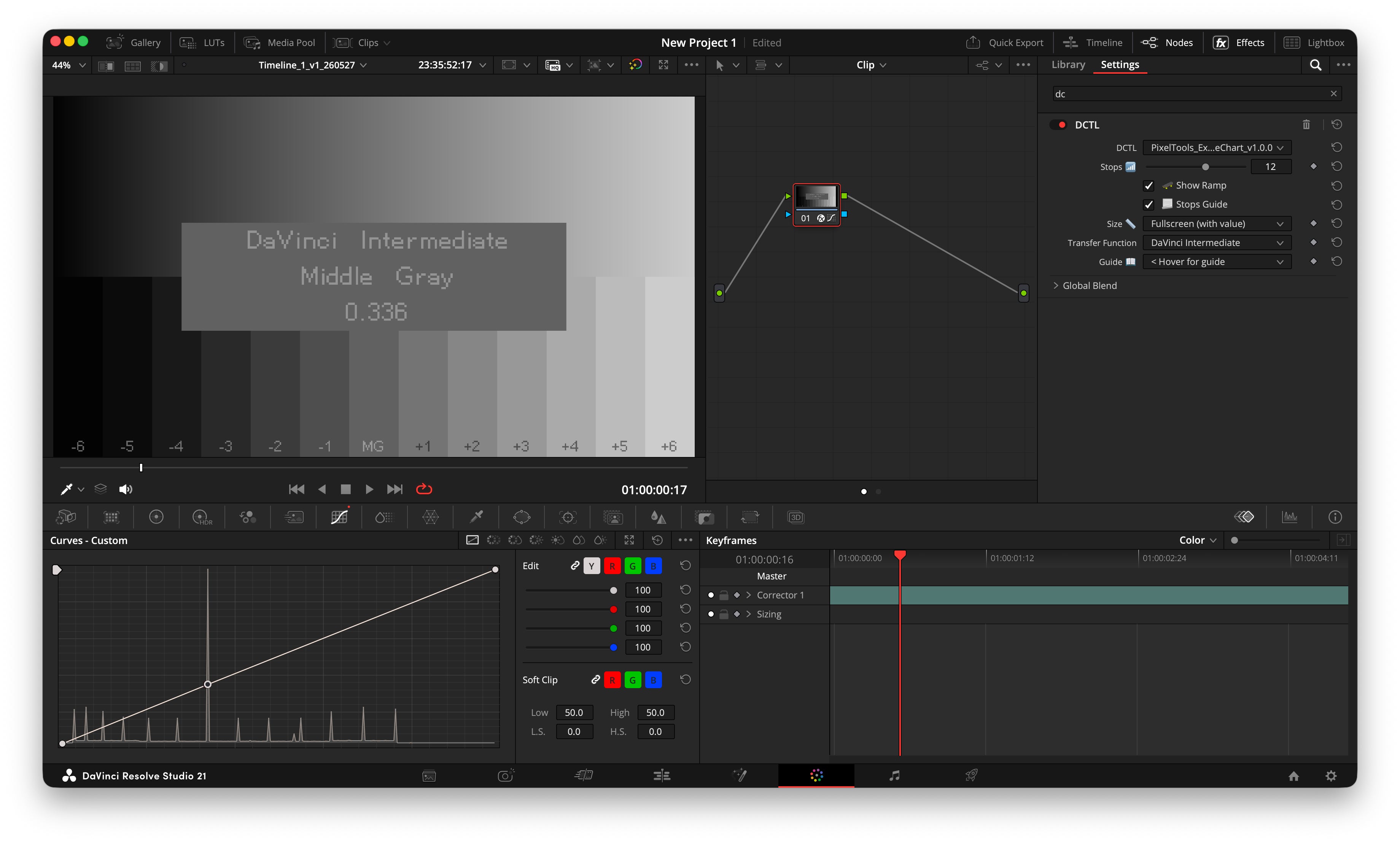 PixelTools ExposureChart DCTL in DaVinci Resolve showing middle gray (0.336) for DaVinci Intermediate with the stops ramp