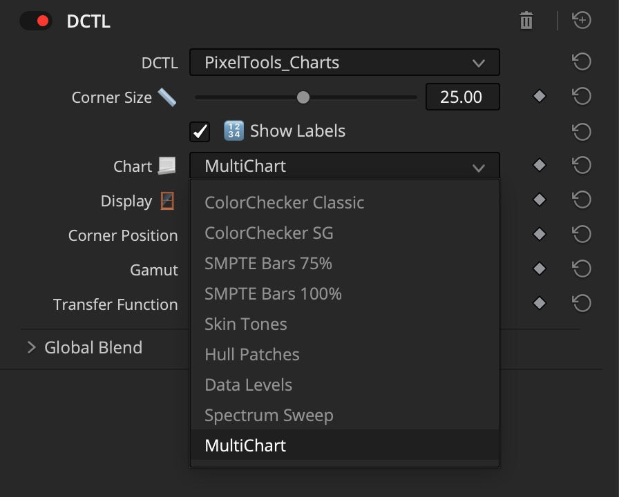 Chart/Tool DCTL controls in DaVinci Resolve — chart selector with all 9 reference charts