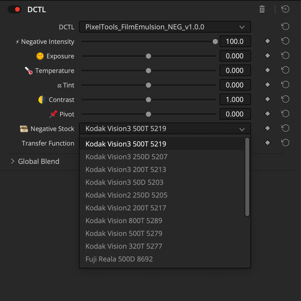 DCTCL software interface with film emulation settings on a dark background
