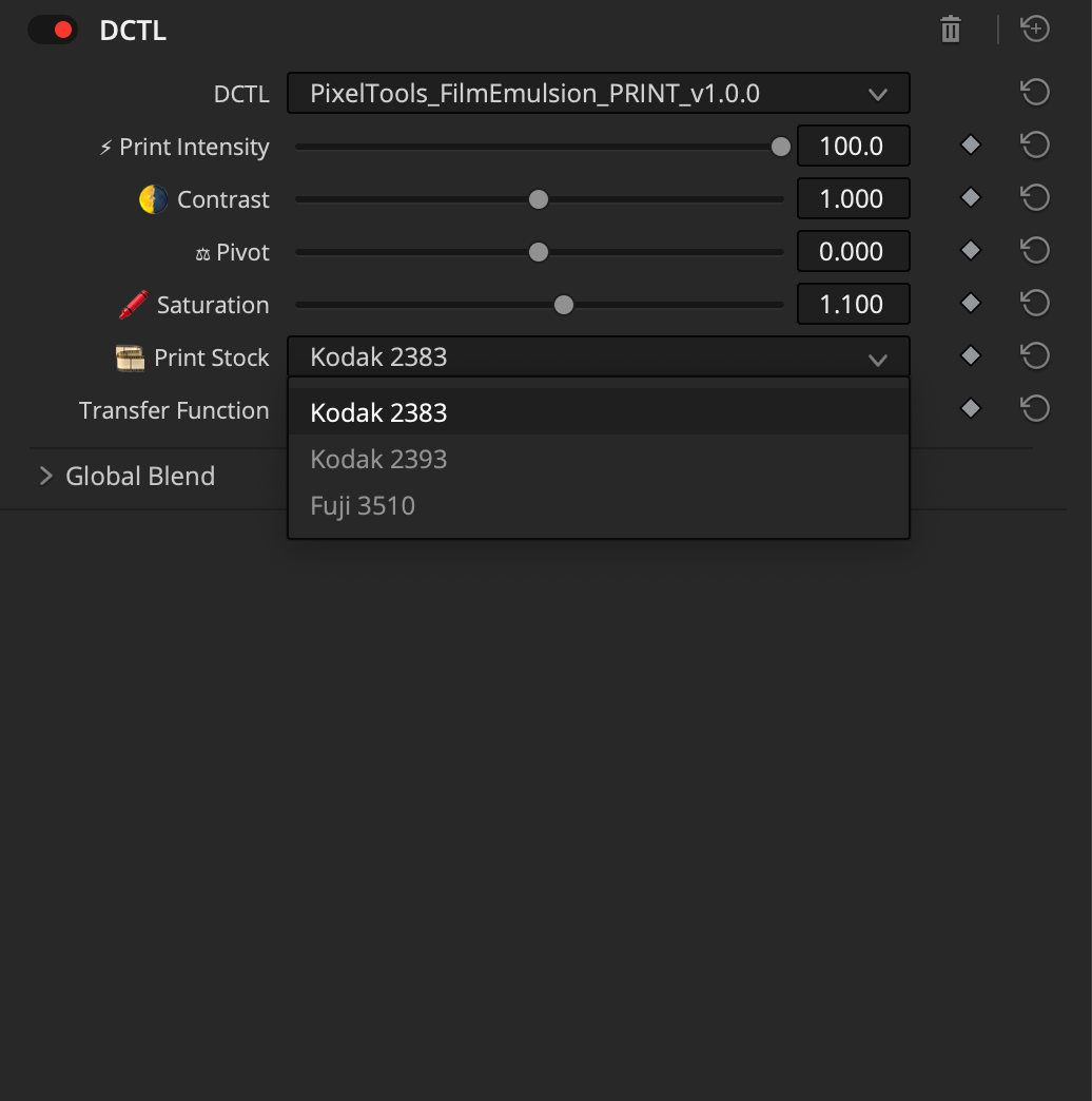 DCTCL software interface with print stock selection for film emulation