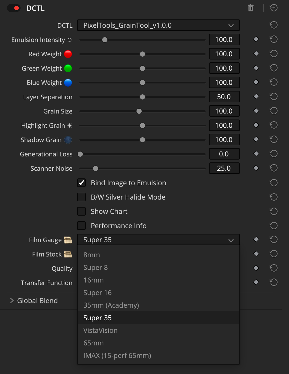 DCTCL software interface with film grain emulation settings on a dark background
