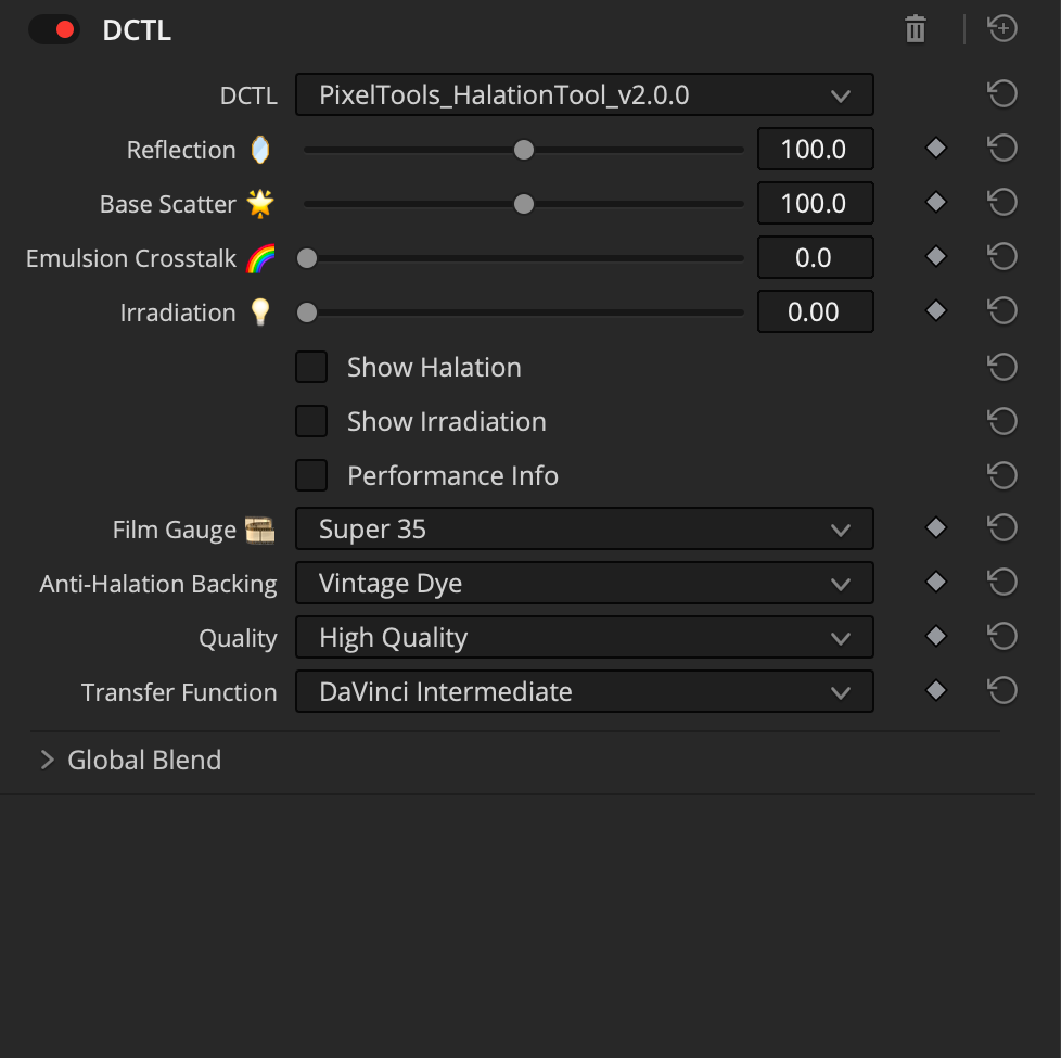DCTCL software interface with film halation settings on a dark background