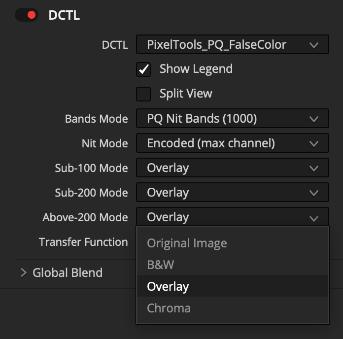 PixelTools PQ False Color DCTL control panel — PQ band schemes, encoded and perceptual measurement modes