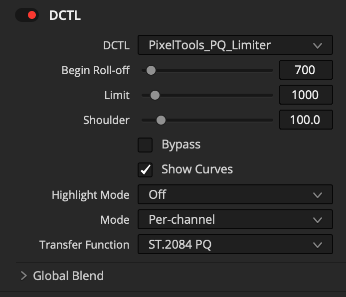 PixelTools PQ Limiter DCTL control panel — begin roll-off, limit and shoulder controls in nits
