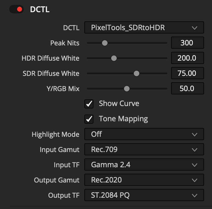 PixelTools SDRtoHDR DCTL control panel — peak nits, HDR diffuse white, tone mapping and Y/RGB mix controls