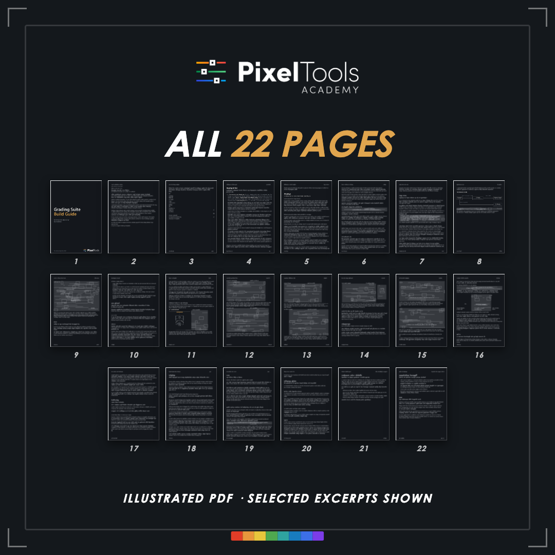 All 22 pages of the Grading Suite Build Guide shown as thumbnails; selected excerpts readable, remaining content obscured.