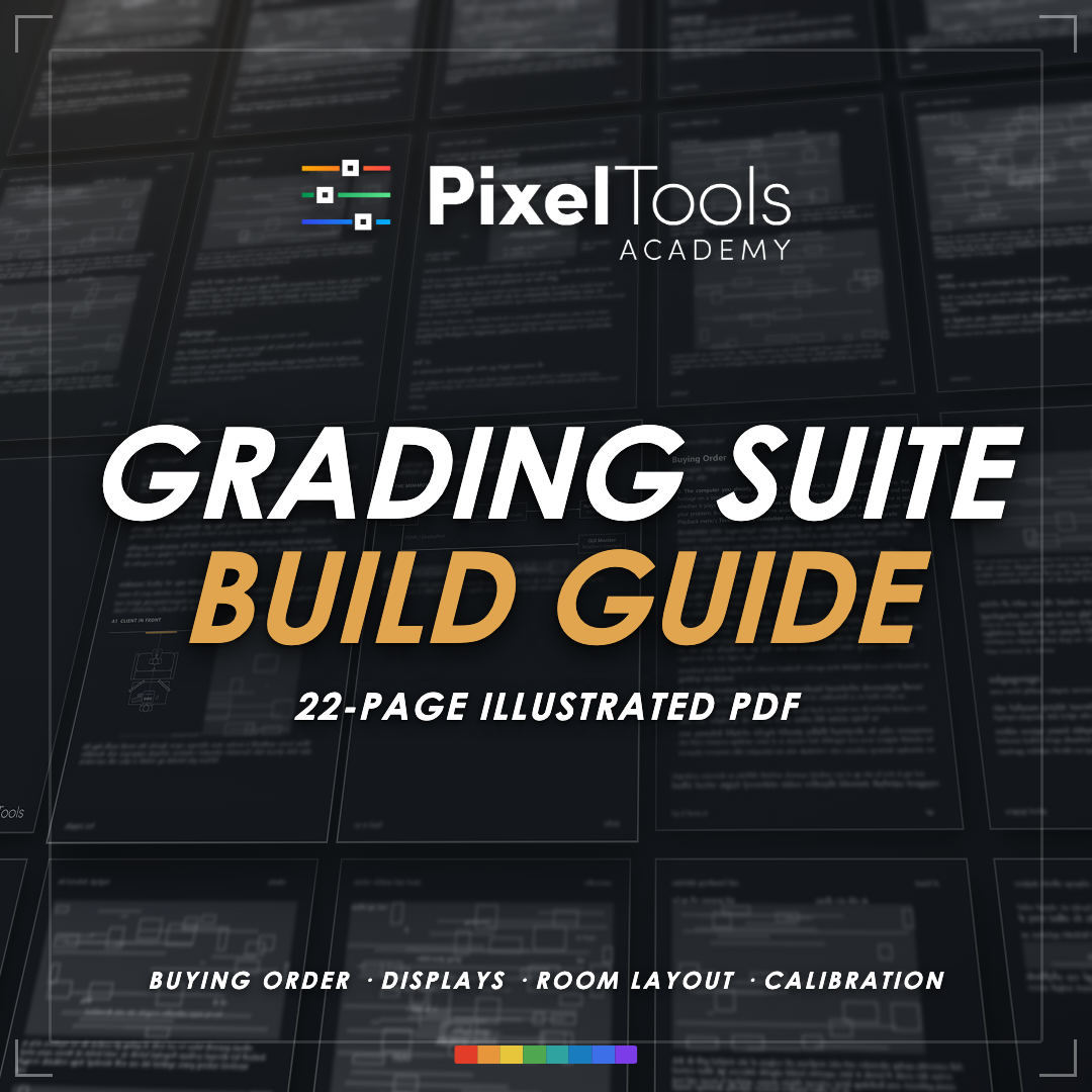 Grading Suite Build Guide title card with pages from the guide behind it